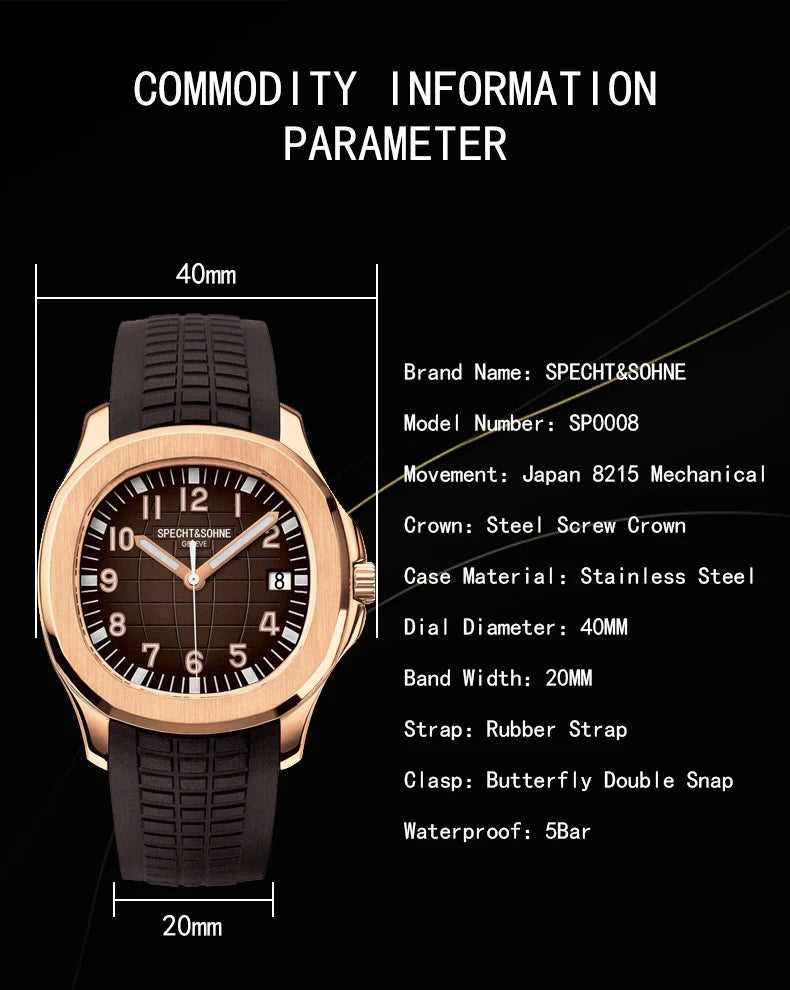 Specht&Sohne automatic sports watch with a rose-gold case, black dial, and rubber strap
