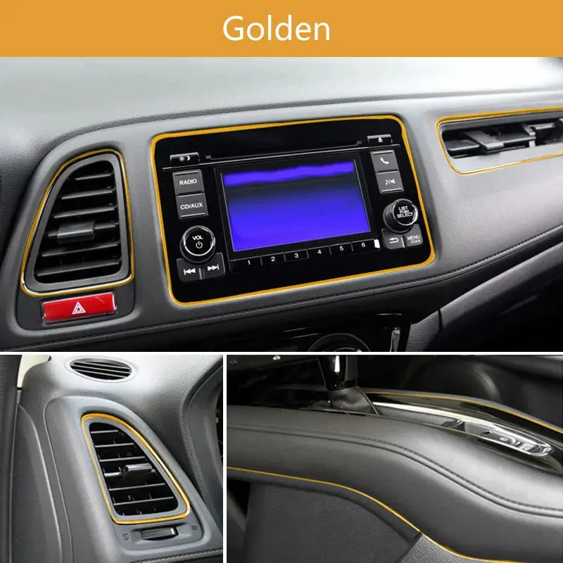 Car interior trim molding in golden yellow around dashboard, vents and center console, universal flexible strips