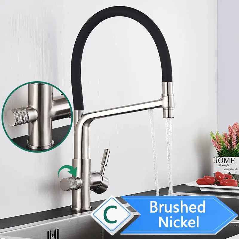 Rozin purification kitchen faucet, brushed nickel finish with black pull-out hose and 3-way mixer