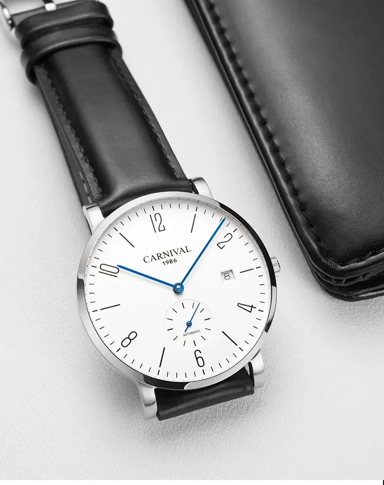 Carnival men's luxury automatic wristwatch, white dial with blue hands, black leather strap