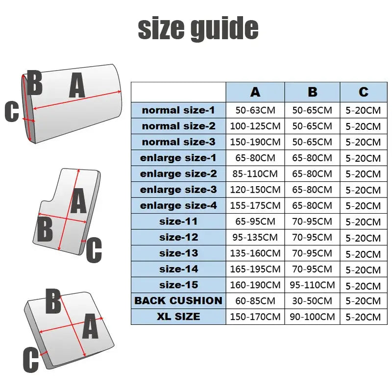 Simples Market PU sofa cover size guide showing A, B and C measurement diagrams and the size chart
