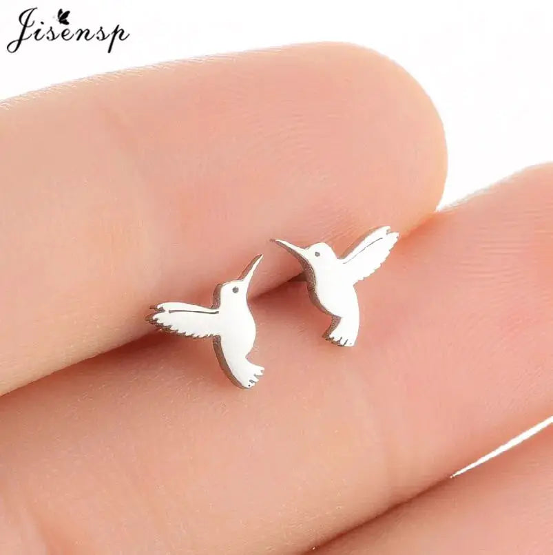 Stainless steel hummingbird stud earrings, silver-tone pair for women