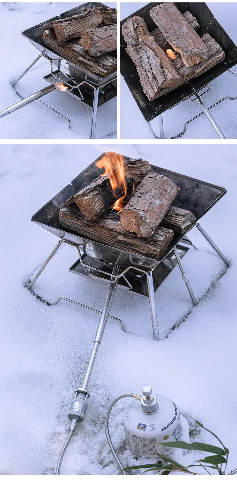 CAMPINGMOON XD-6-NE stainless steel torch spray gun for outdoor camping, lighting logs in a metal grill.
