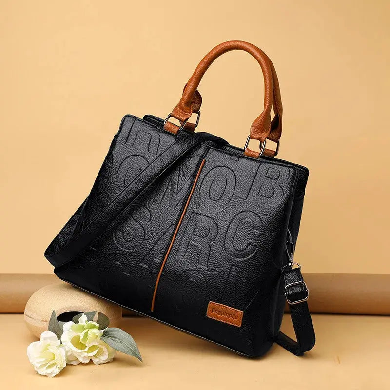Simples Market PU leather crossbody bag for women, black with brown top handles, embossed pattern, large capacity.