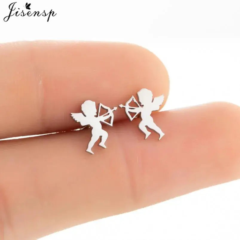Stainless steel stud earrings; pair of silver winged fairy silhouettes.