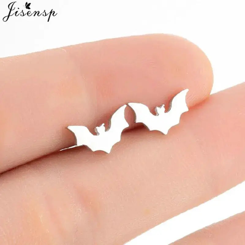 Pair of stainless steel bat-shaped stud earrings for women, silver-tone minimalist design