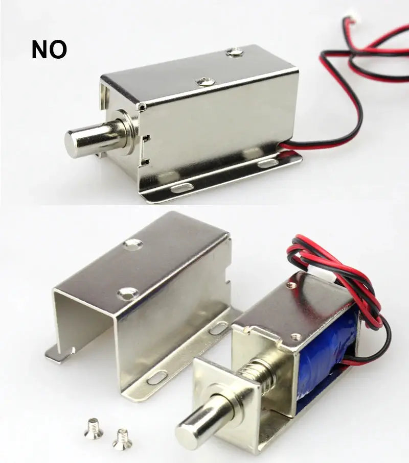 Simples Market DC 12V mini stainless steel solenoid electric bolt lock with mounting bracket and 2-wire setup.
