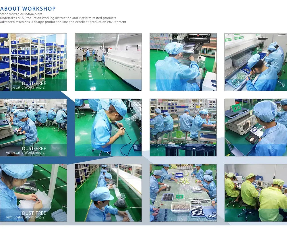 Security protection flashing light for gate; factory collage of workers in blue anti-static suits on green flooring.