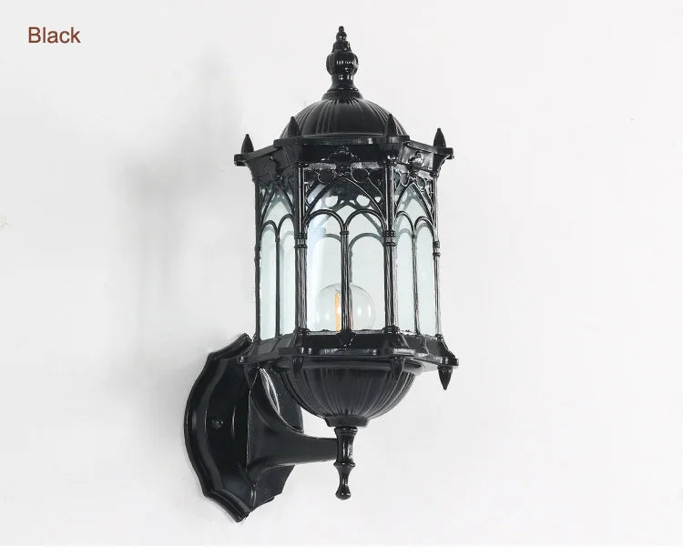 Black retro outdoor wall lantern with glass panels, anti-rust finish, E27 bulb, wall-mounted sconce