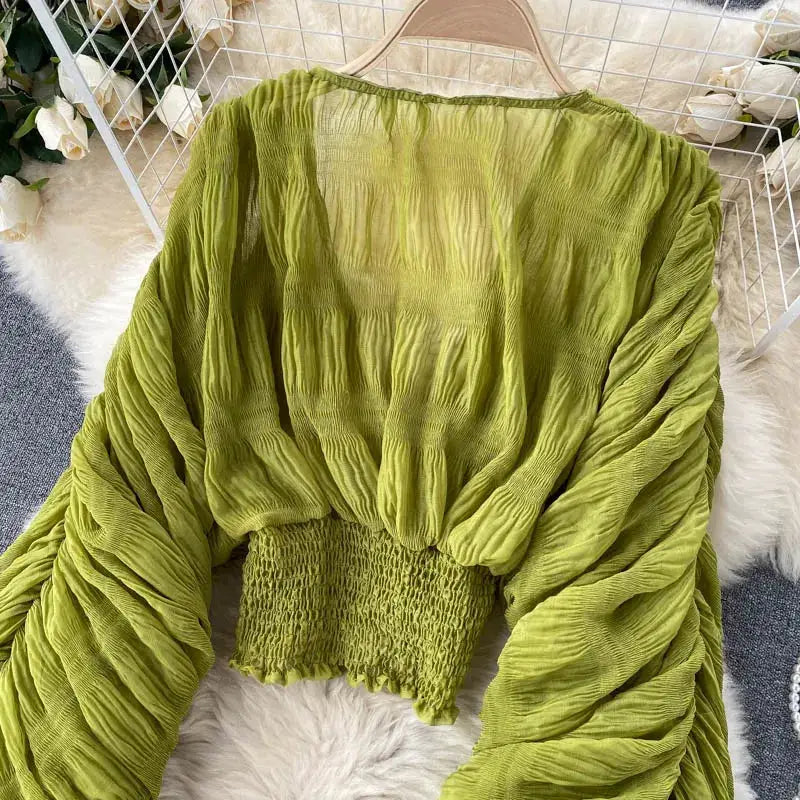 Green draped chiffon blouse for women with puff sleeves and smocked waist