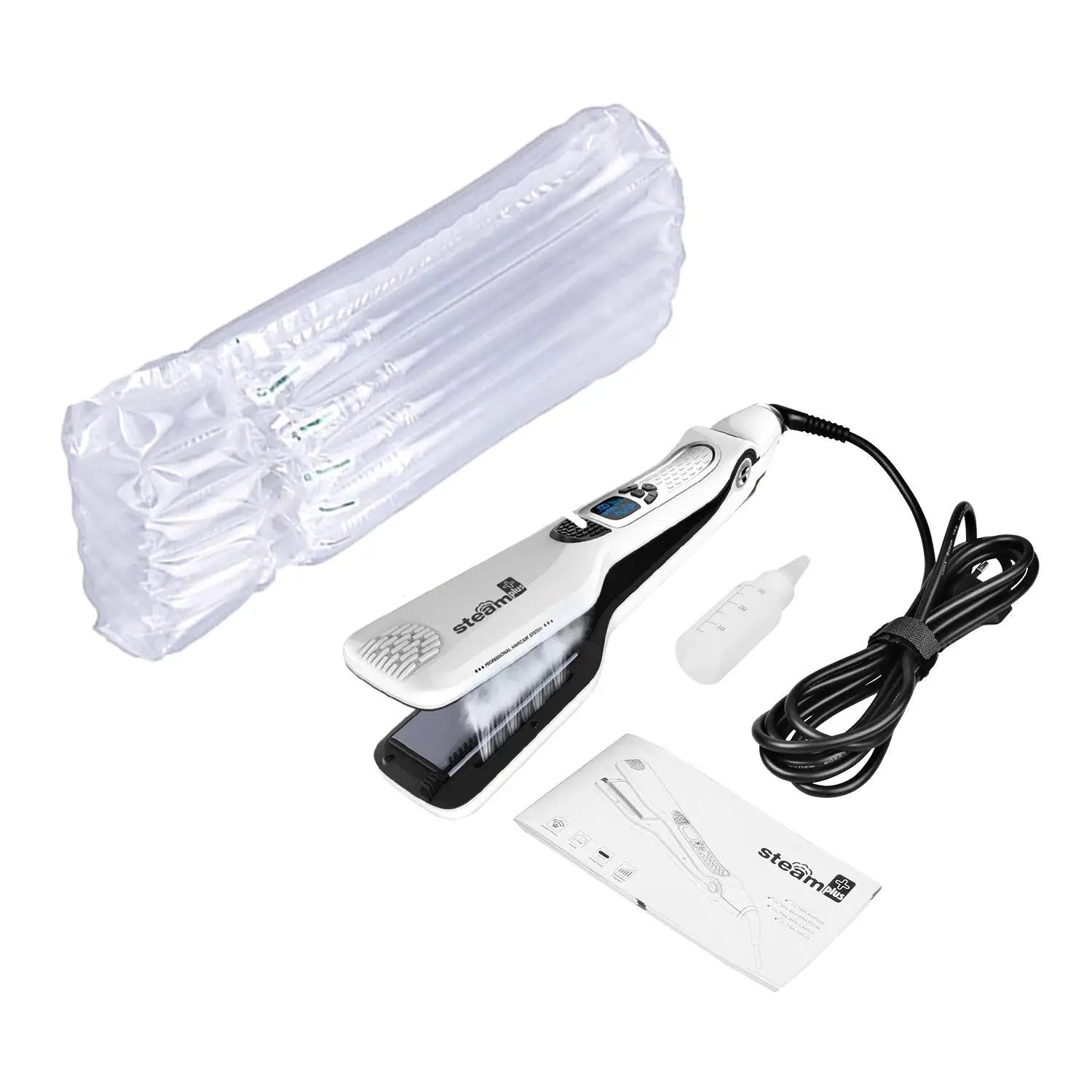 Steam Plus professional steam hair straightener with titanium plates, dual voltage, white and black