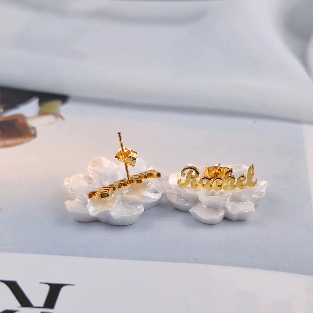Gold-tone stainless steel personalized name earrings, Rachel cursive name studs, pair