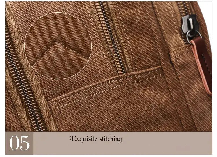 Vintage brown canvas backpack with exquisite stitching and metal zipper pull.