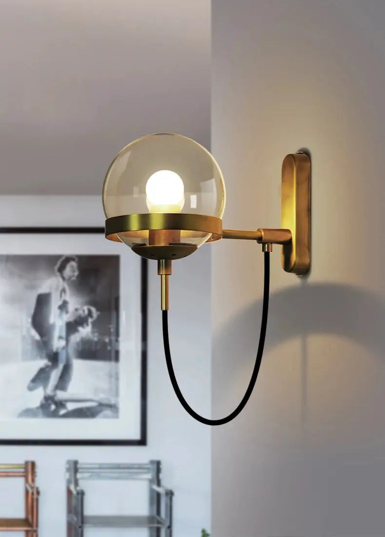Simples Market modern glass ball wall lamp with brass finish, wall-mounted sconce for living room and bedroom