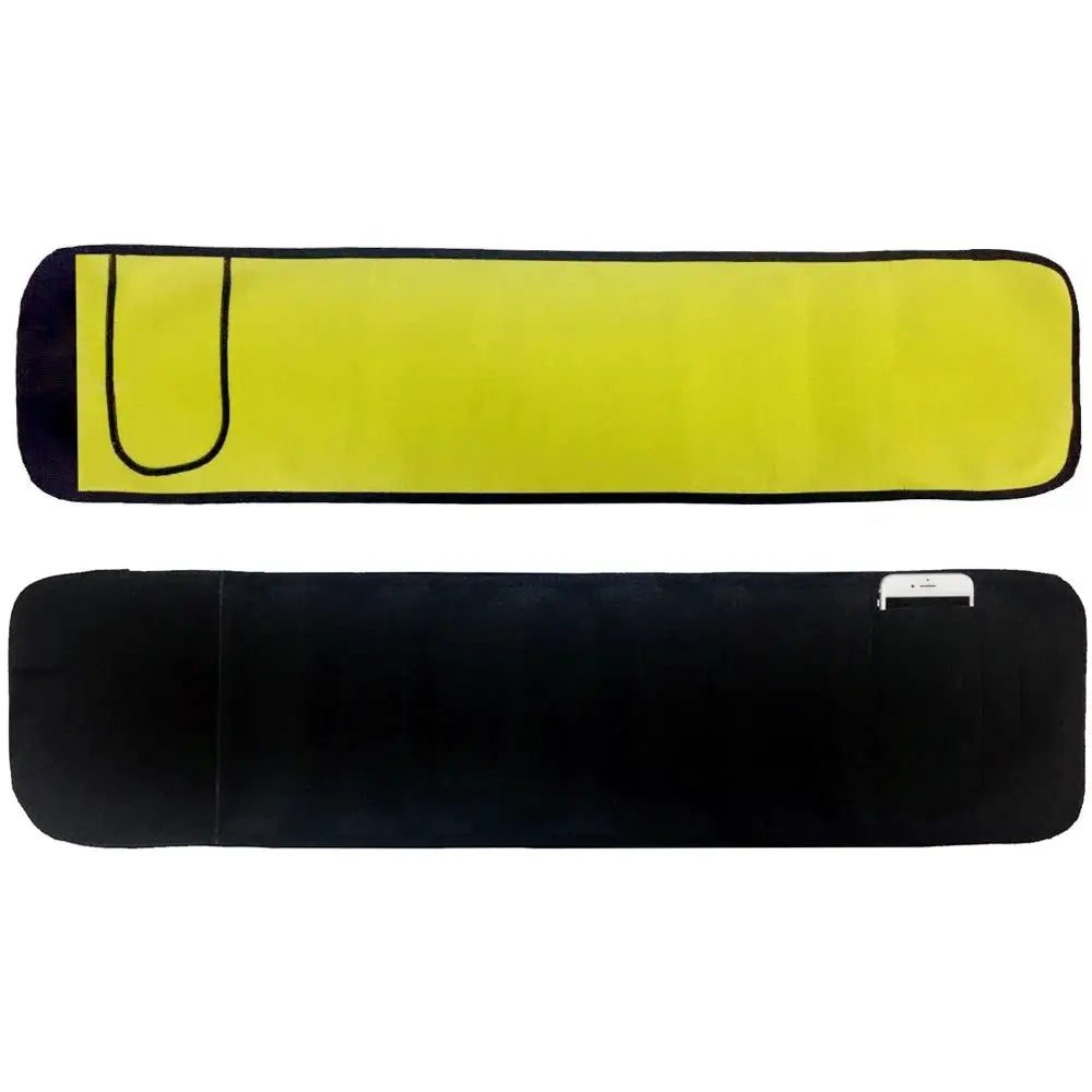 Two-piece sauna waist trainer belt set with neon yellow interior and black exterior, featuring a phone pocket.