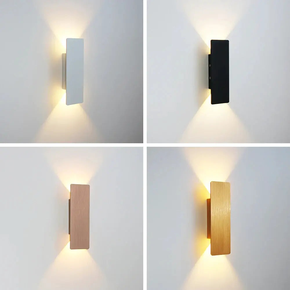 Aluminum LED wall light with rectangular block, white/black/rose-gold/wood finishes (set of 4)