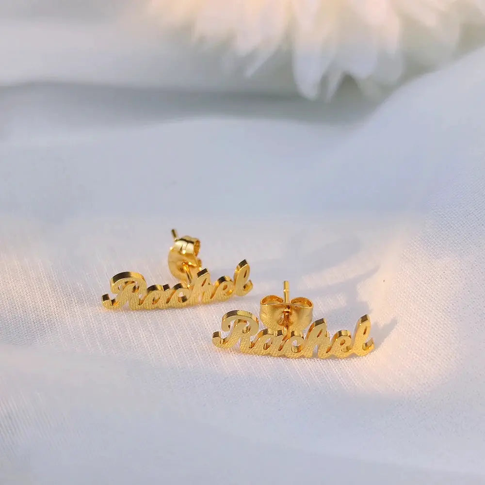 Gold-tone stainless steel custom name earrings Rachel, minimalist studs, 2 pcs.