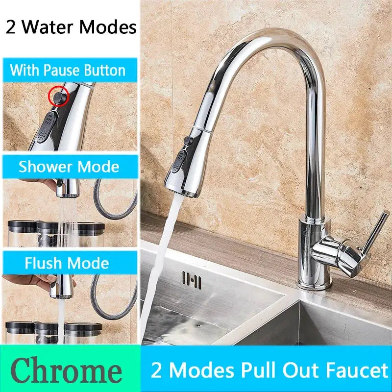 Chrome kitchen faucet with flexible pull-out spray head and pause button, two water modes