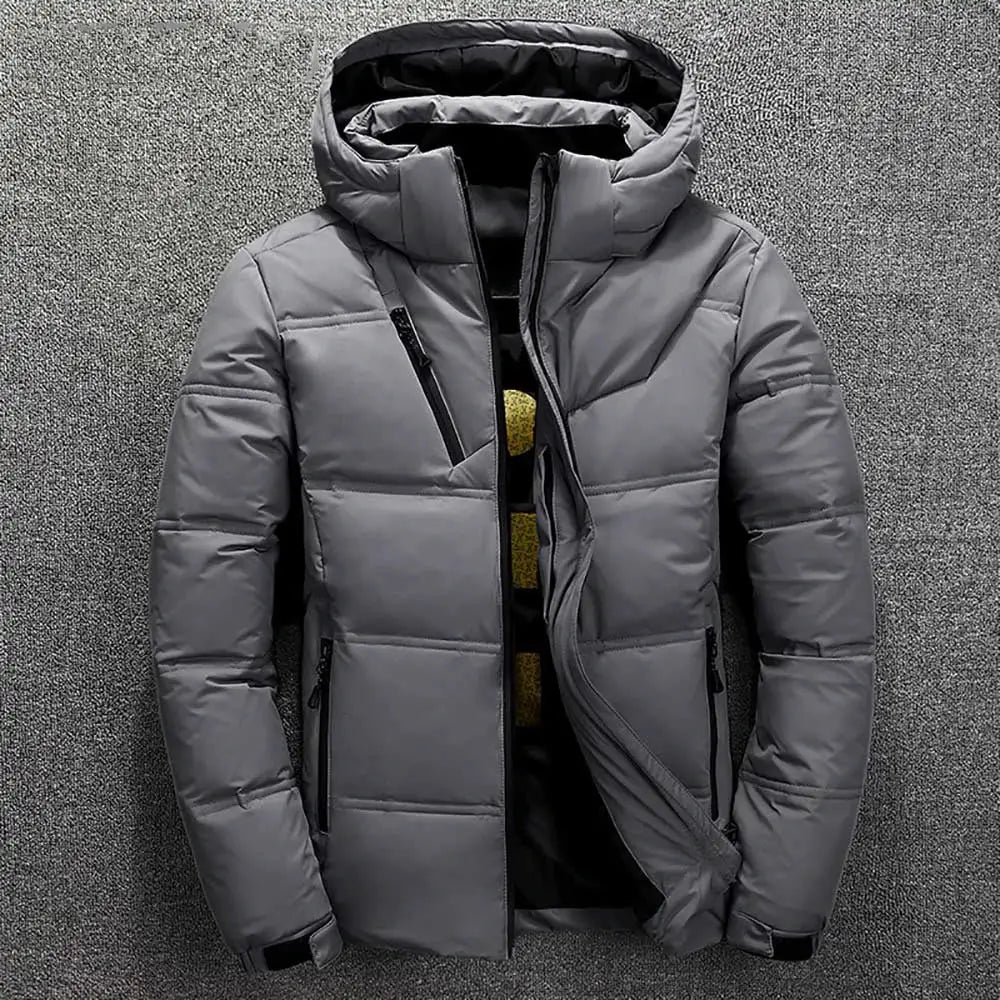 Men's gray puffer winter jacket with hood, stand collar and zip pockets