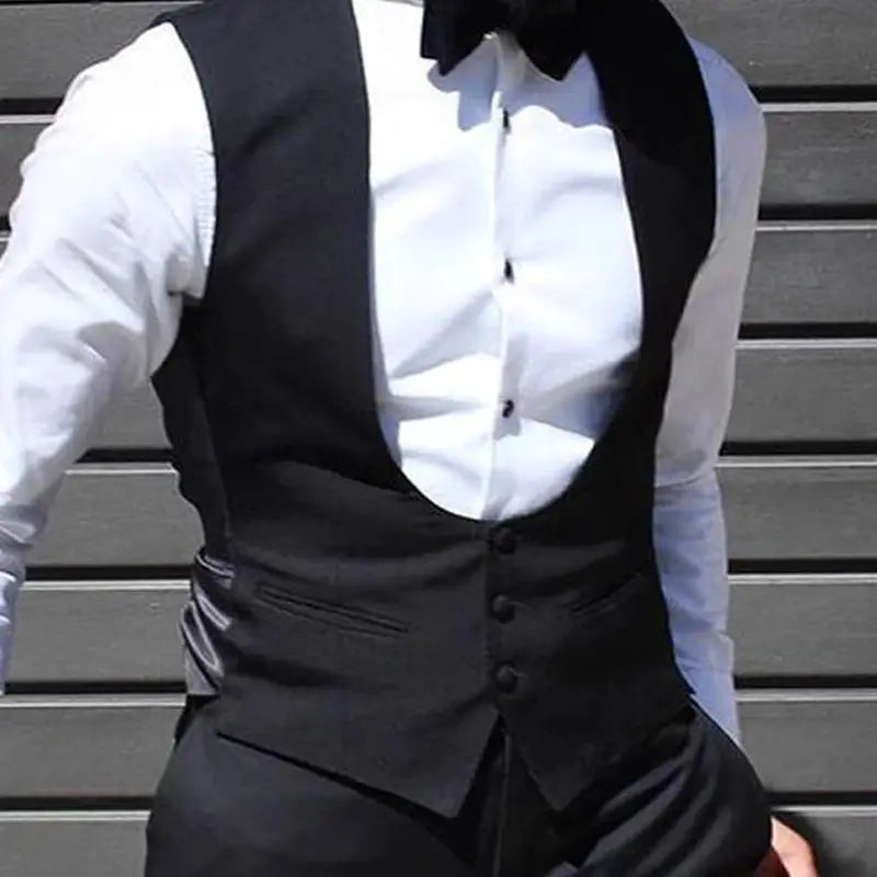 Black men's wedding waistcoat vest, slim-fit solid color over white dress shirt with bow tie