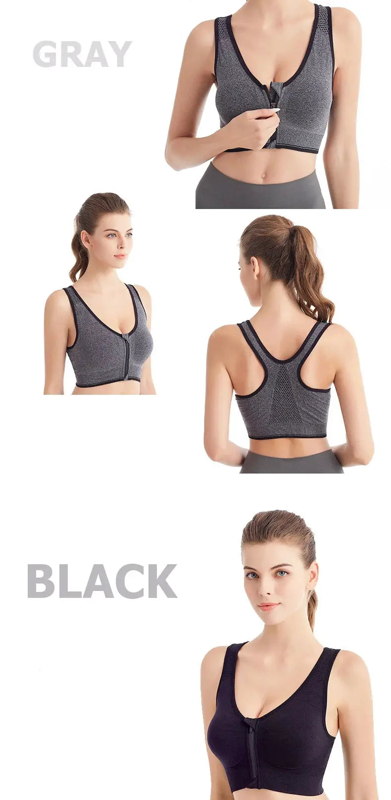 Simples Market women's front-zip sports bra, seamless, breathable, shockproof, gray and black variants.