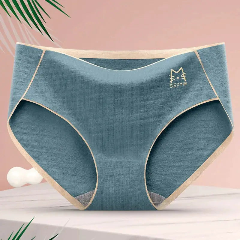 Simples Market women's cotton seamless underwear, teal panties with beige trim, antibacterial