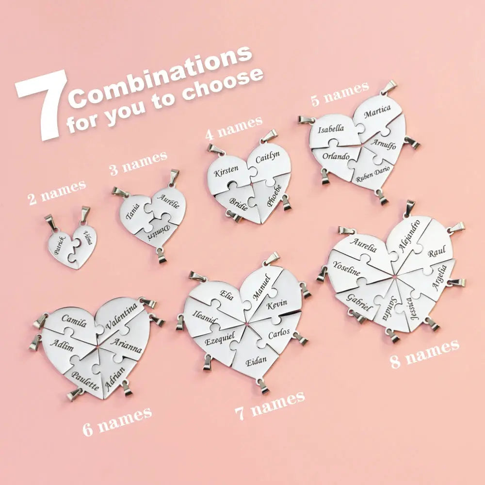 Custom Name Puzzled Heart Pendant Necklace Engraved Names Stainless Steel Unisex Jewelry