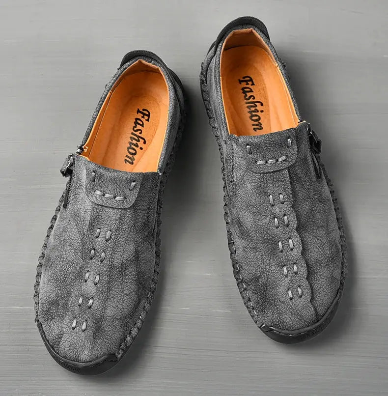 Simples Market handmade gray leather men's slip-on loafers pair with moccasin stitching
