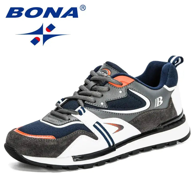 BONA action leather sport shoes for men, navy, gray and white with orange accents