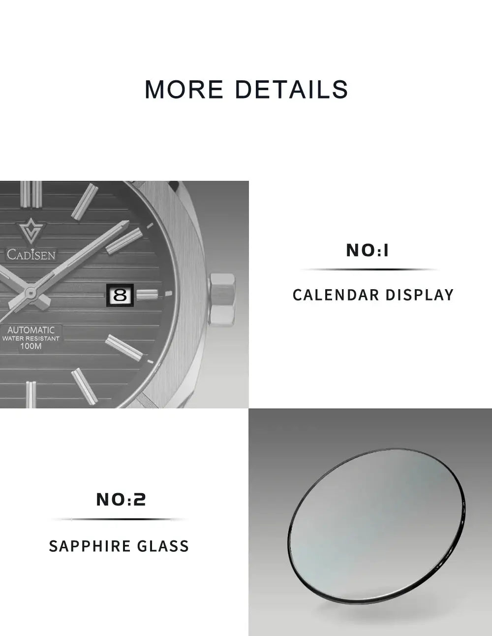 CADISEN diver watch with calendar display and sapphire glass