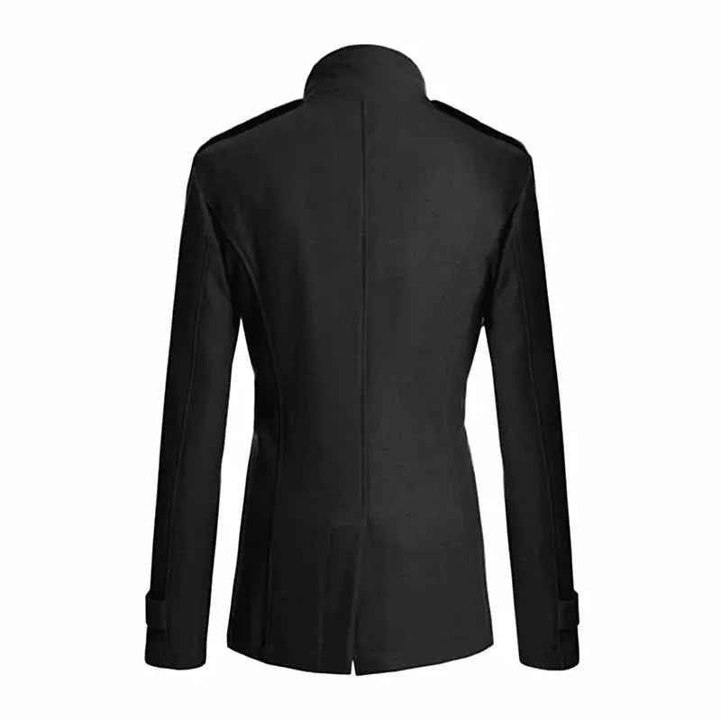 Black men's wool overcoat, long tailored coat with stand collar and structured back.