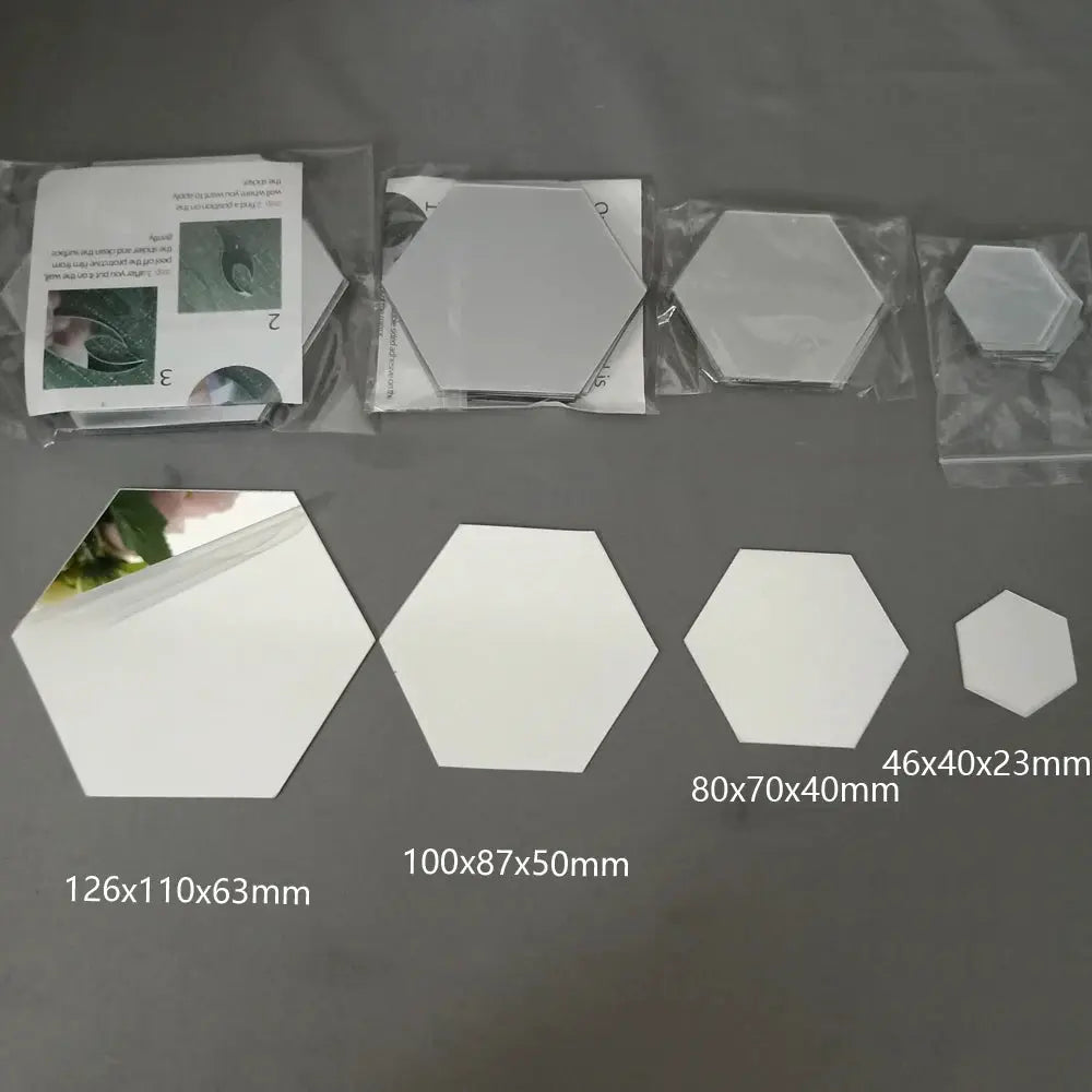 Simples Market hexagon 3D mirror wall stickers, self-adhesive decor, set of four in assorted sizes