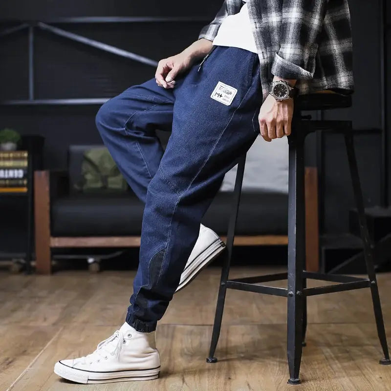 Plus-size denim joggers for men by Simples Market, navy cargo pants with patch label, ankle-length