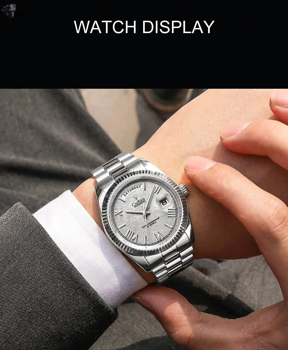 CADISEN men's stainless steel automatic watch with meteorite dial, day/date window, bracelet