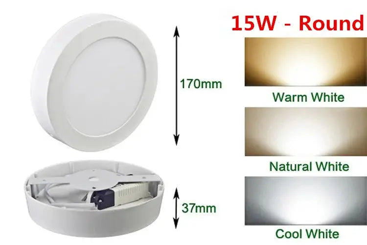 LED Panel Light by Simples Market, round 15W ceiling downlight, white plastic, 170mm diameter, warm/natural/cool white.