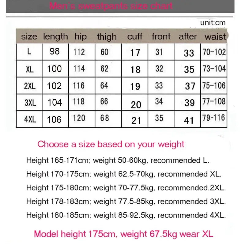 Men's sweatpants size chart by Simples Market showing L–4XL measurements and weight-based fit recommendations.