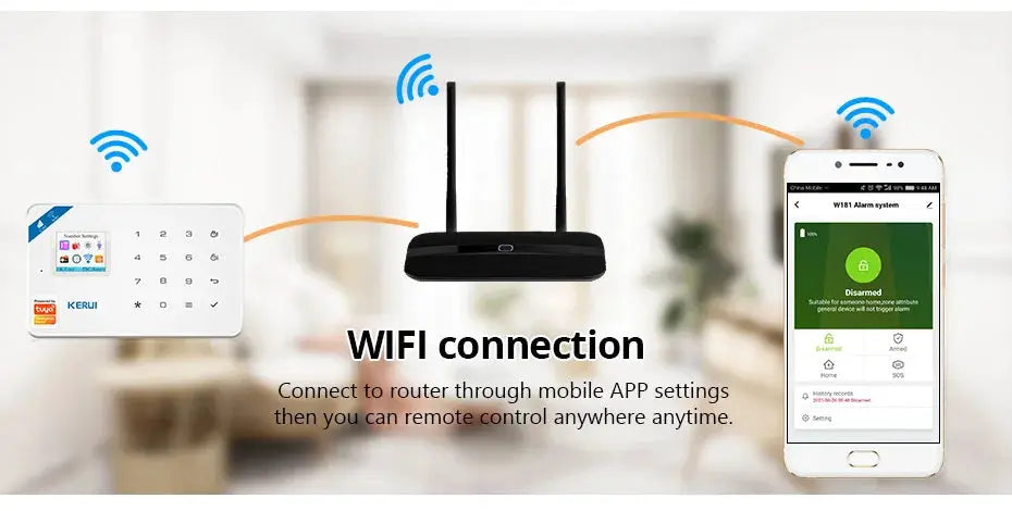 KERUI W184 alarm system unit, 4G WiFi, with keypad, wireless router, and smartphone app control