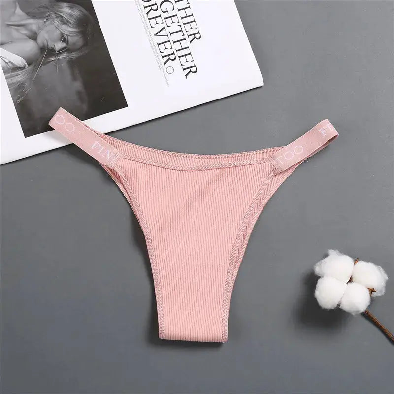 Thong underwear pink ribbed cotton low-rise with branded elastic straps Finetoo for women