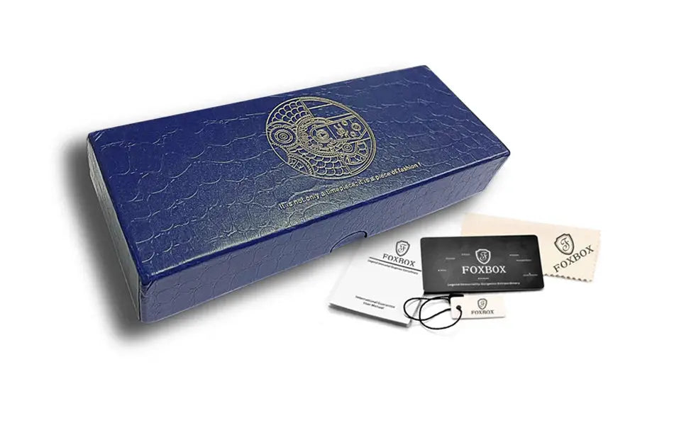 Foxbox blue textured watch box with logo, manuals and warranty cards.