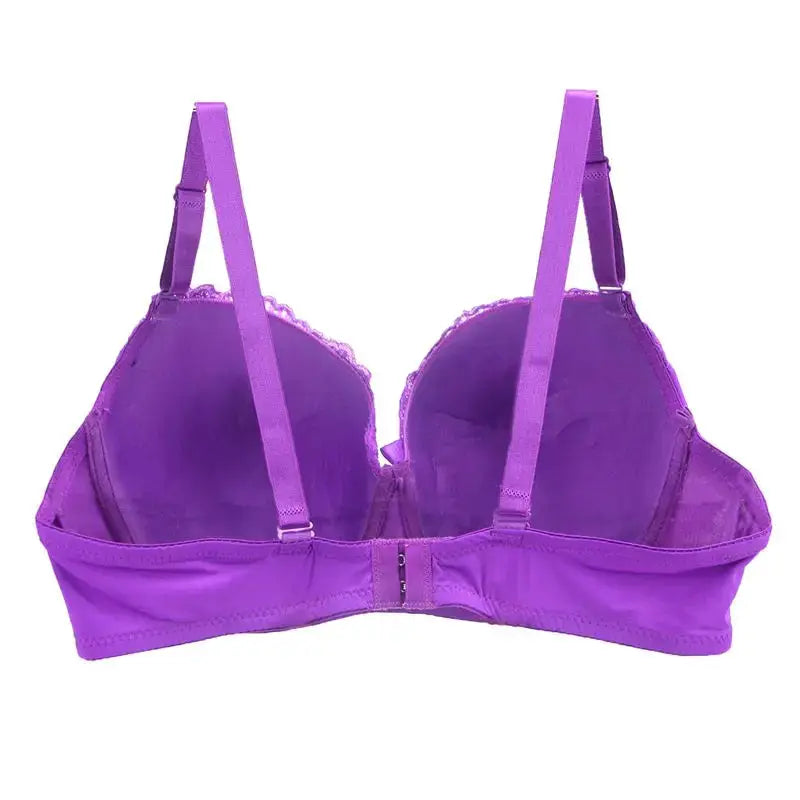 Purple lace-trimmed underwire push-up bra with adjustable straps