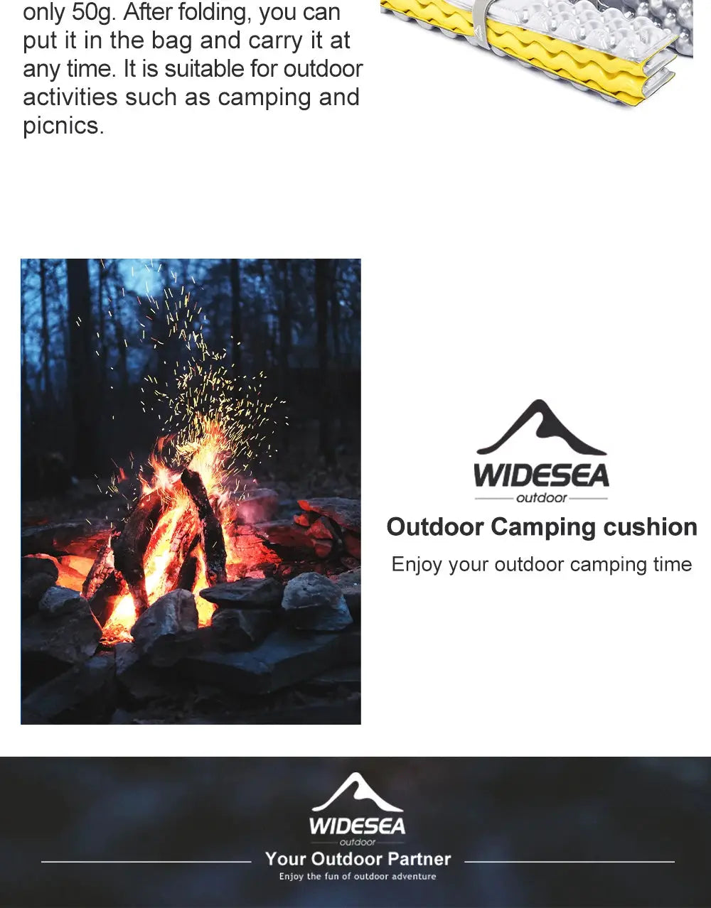 Widesea outdoor foldable camping mat; ultralight yellow-gray XPE foam sitting cushion.
