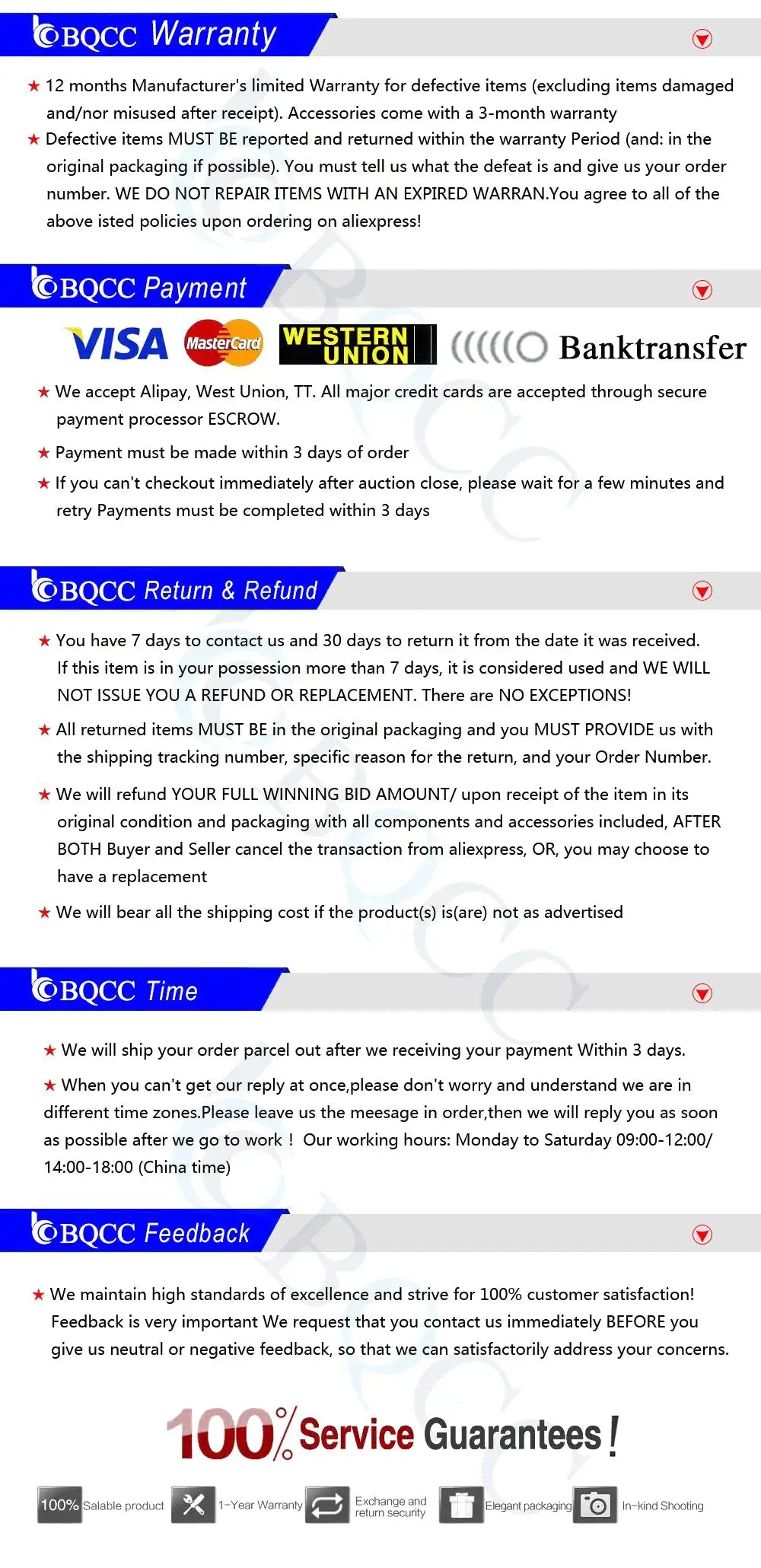 BQCC warranty and payment infographic for Simples Market car radio system, featuring Visa, MasterCard and Western Union logos.