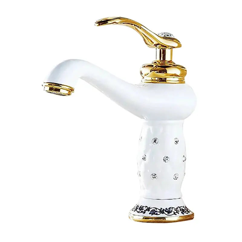 Bathroom faucet from Simples Market, white ceramic body with antique brass finish and crystal accents
