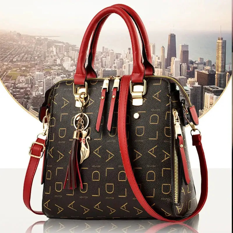 Simples Market PU leather handbag with red top handles, tassel charm, and gold hardware