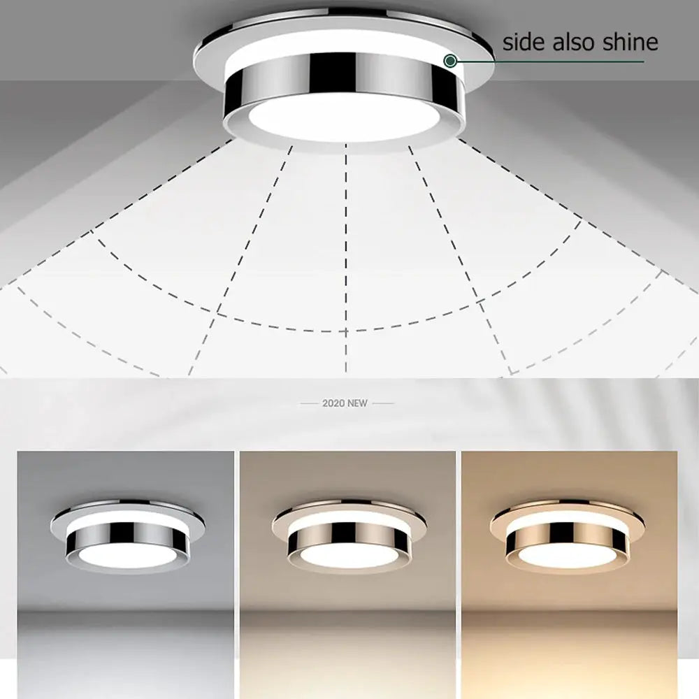Simples Market chrome round recessed LED downlight; three finishes shown: chrome, bronze, gold; for porch, corridor, kitchen.