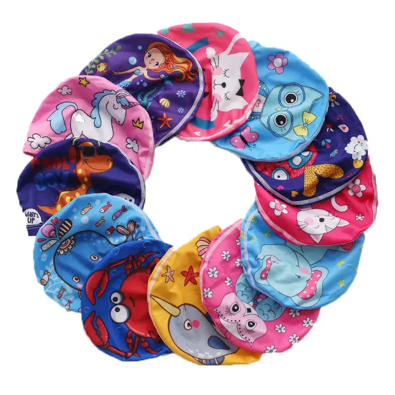 Kids Cartoon Swim Cap Elastic Fabric Pool Water Sports Ears Protection Hat Bathing Cap Boys Girls