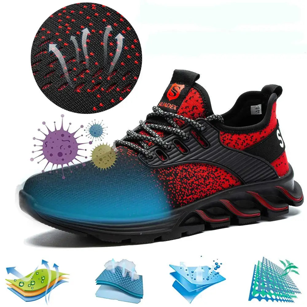 SUADEX safety shoes with steel toe, black-red knit upper, breathable lightweight work sneakers