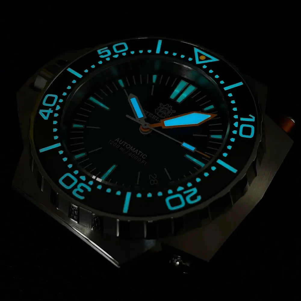 Steeldive Proplof SD1969 V3 dive watch with blue lume on hands and bezel, 56mm oversize case