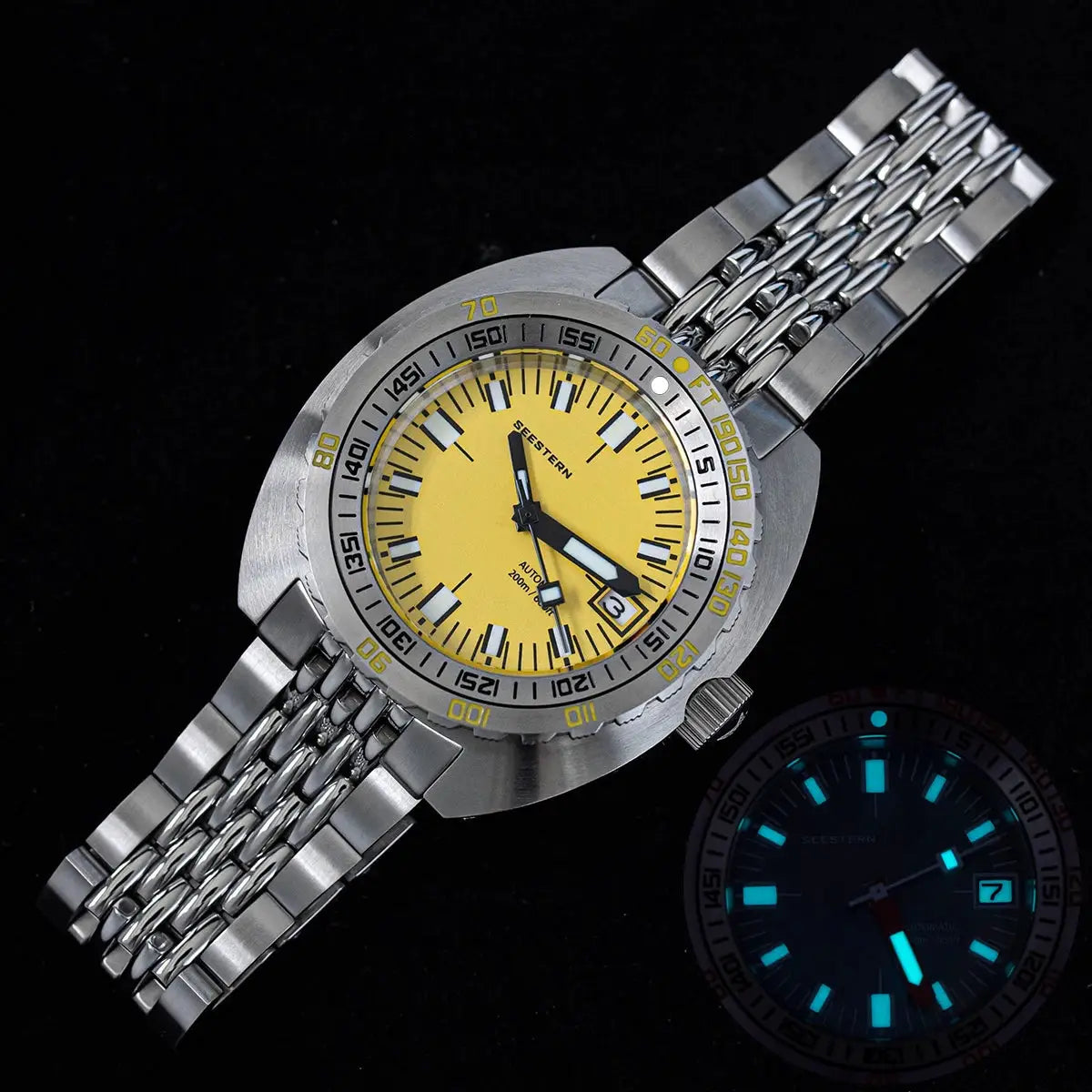 Seestern diver watch with yellow dial, stainless steel bracelet, automatic movement, 200m water resistance