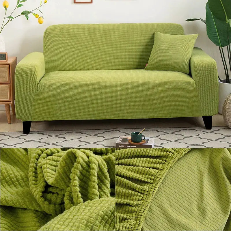 Sofa protector cover by Simples Market in lime green jacquard for L-shaped couch with cushion